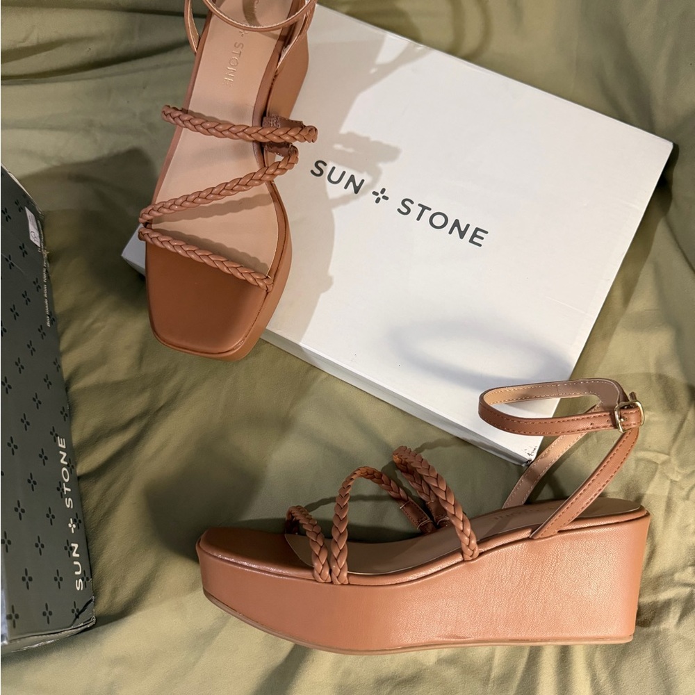 Sun + Stone Braided Ankle-Strap Wedge Sandals Brown Tan
